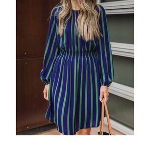 Ann Taylor Striped Dress Long Sleeve Women Sz 2 Green & Dark Purple Flowy Preppy